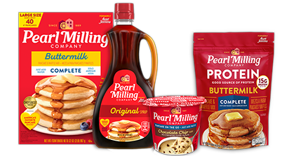 Pearl Milling company product array buttermilk complete, original syrups, quick grits, yellow corn meal, on the go cup